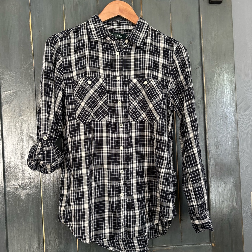 Ralph Lauren 💯% Cotton NAVY/ WHITE Plaid Button-Down Shirt NWT
